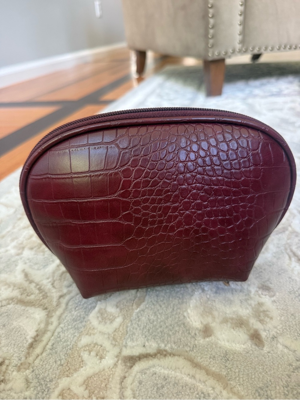 Maroon Croc-Embossed Leather Travel Pouch